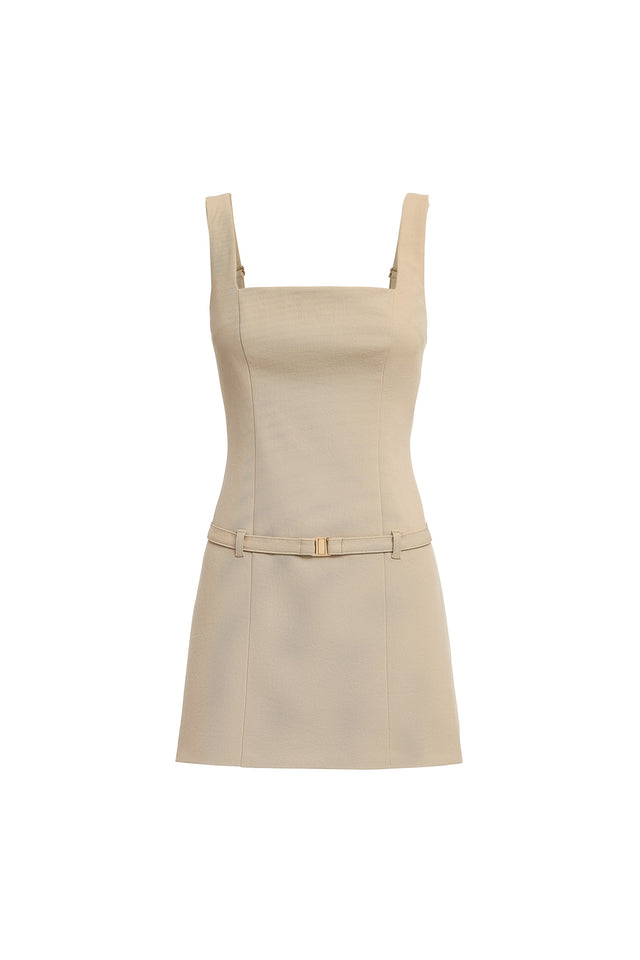 Ariel Belted Mini Dress Kookai Straight Mini Fitted Squareneck beige womens-dresses 