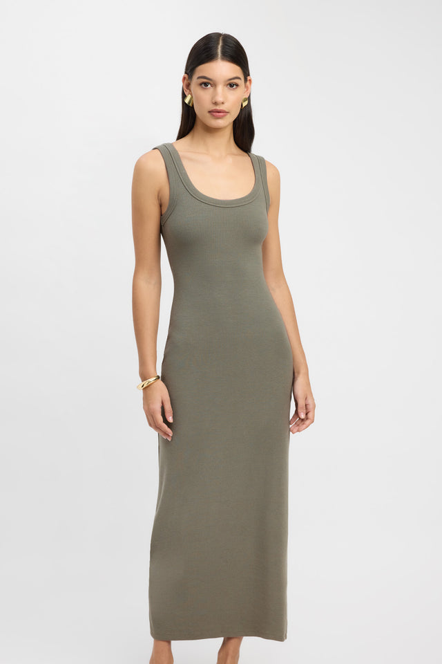 front Romeo Tank Dress Kookai Straight Maxi Fitted Scoopneck olive womens-dresses 