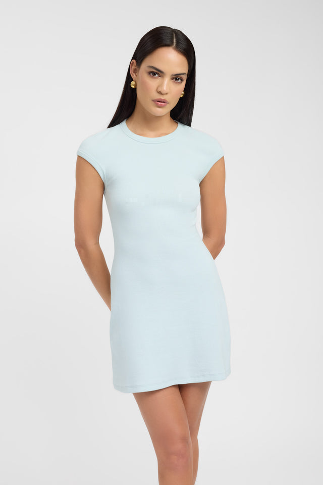 front Savannah Mini Dress Kookai Straight Mini Fitted Roundneck light blue womens-dresses 