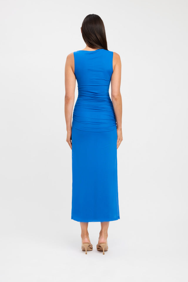 front Bolt Maxi Dress Kookai Bodycon Midi Fitted Roundneck blue womens-dresses 