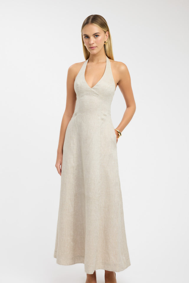 front Tahiti Halter Maxi Dress Kookai Aline Maxi fit-and-flare V-neck beige womens-dresses 