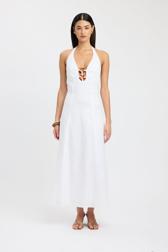 side Tahiti Ring Dress Kookai Straight Maxi Fitted Plungeneck white womens-dresses 