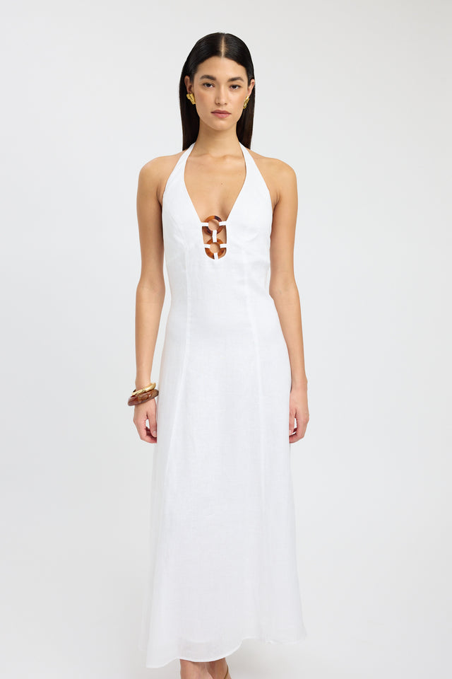 front Tahiti Ring Dress Kookai Straight Maxi Fitted Plungeneck white womens-dresses 