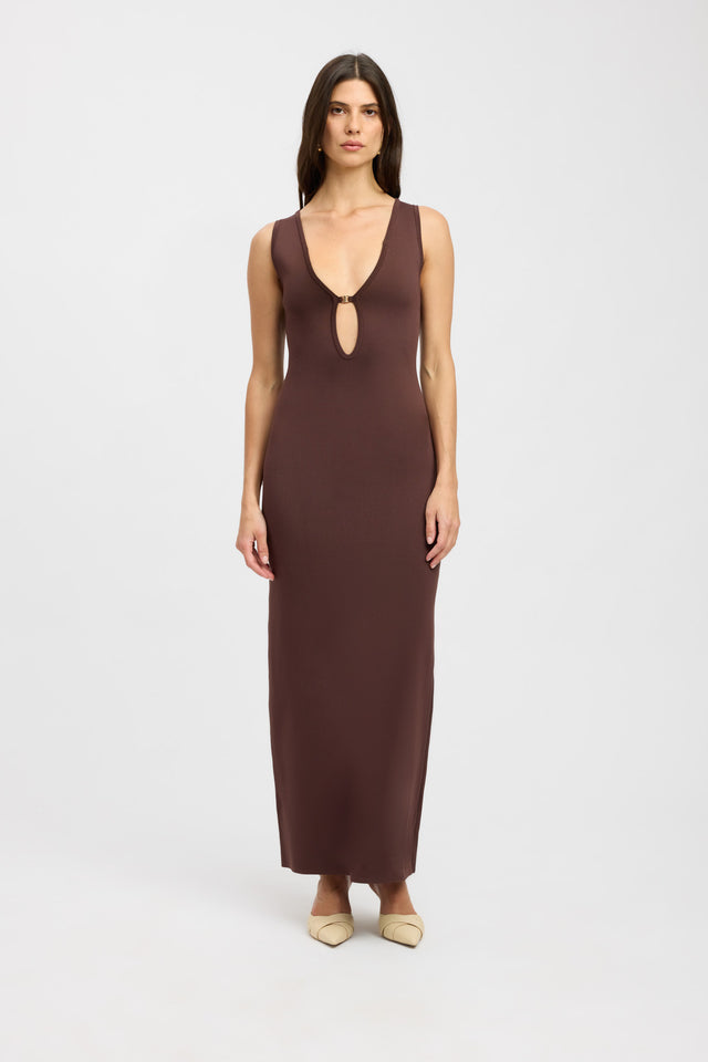 product April Low Vee Dress Kookai Bodycon Maxi Fitted Plungeneck brown womens-dresses 