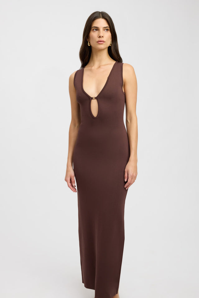 front April Low Vee Dress Kookai Bodycon Maxi Fitted Plungeneck brown womens-dresses 