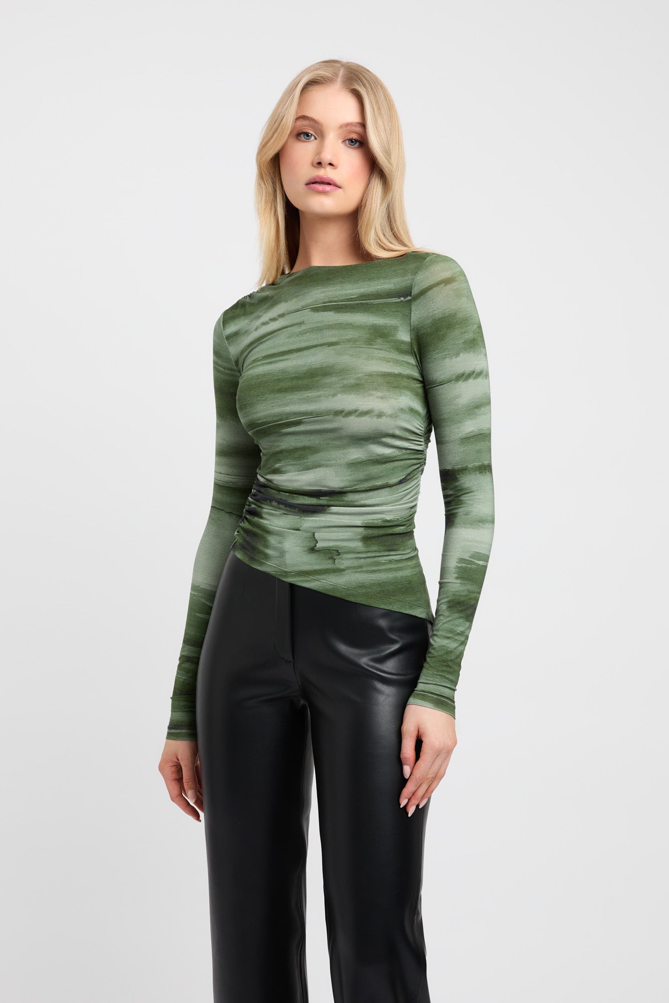 Kookai Olive Long Sleeve Top Womens Size AU 8 Green Shiny Collared