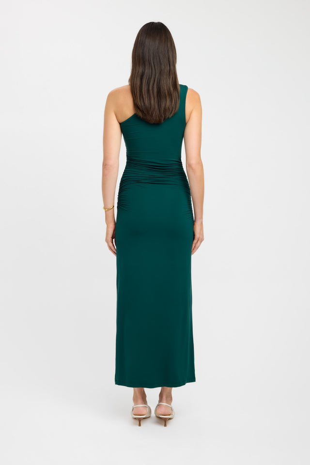 front Porter Dress Kookai Straight Maxi Fitted Asymmetry deep green womens-dresses 